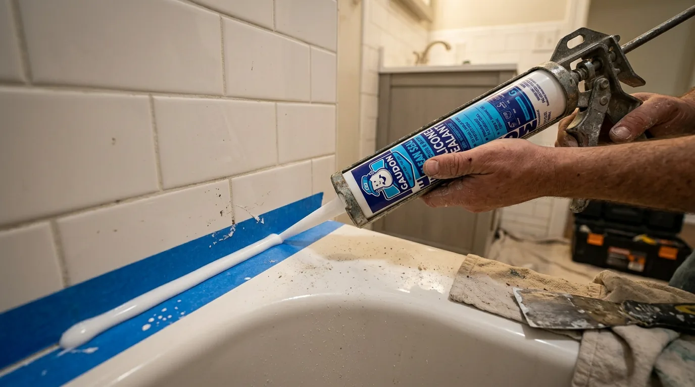 Applying GAUDON silicone sealant to a bathtub joint